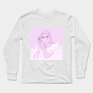 Line drawing of a woman decorated with blooming flowers. Long Sleeve T-Shirt